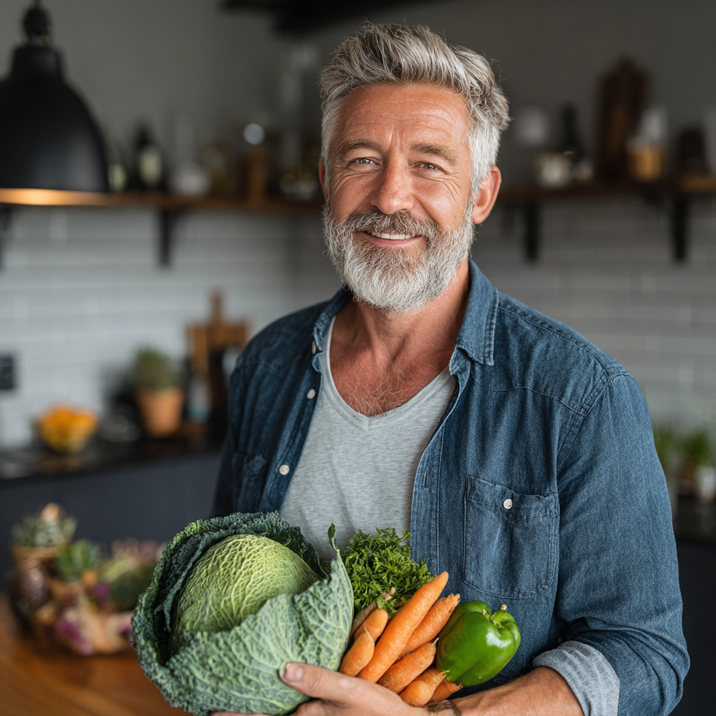 Confident middle-aged man in his 50s wearing casual shirt, smiling while holding fresh vegetables in modern kitchen, representing healthy lifestyle transformation