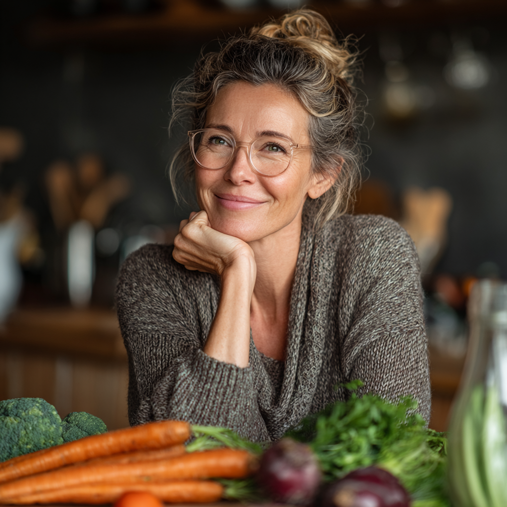 Smiling middle-aged woman in her 40s sitting at kitchen table with healthy colorful vegetables and fruits, looking confident and happy while planning her meals